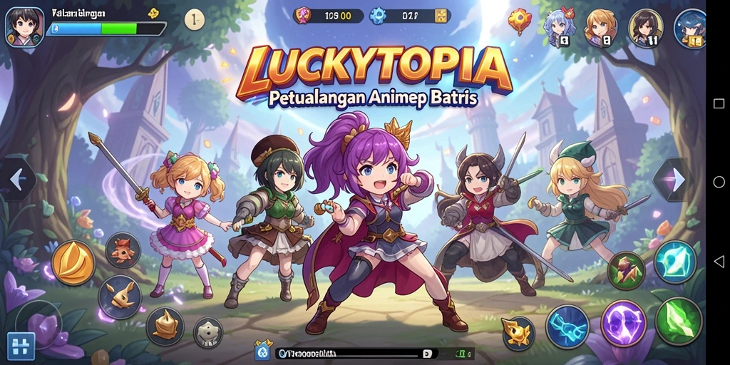 Tampilan gameplay LUCKYTOPIA yang memukau dan penuh warna.
