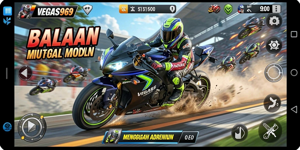Screenshot gameplay menunjukkan aksi balapan motor yang mendebarkan.