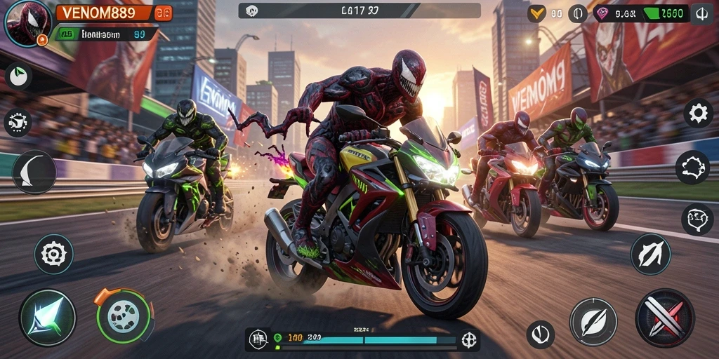 Gameplay VENOM889 yang seru dan mendebarkan saat balapan motor.